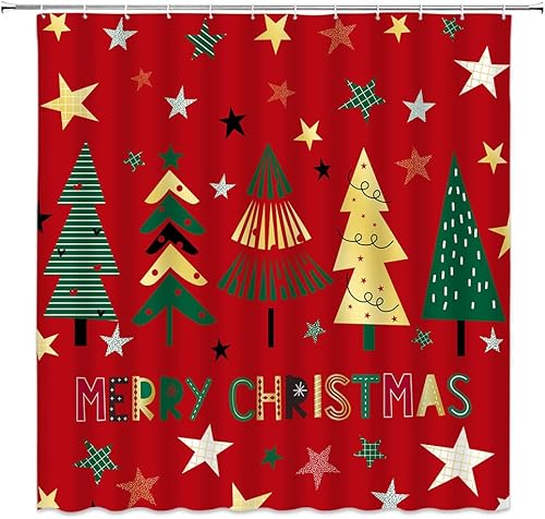 Miniatura 3 de GITCSSYM Cortina de ducha con diseño de árbol de Navidad, color rojo y verde, estrellas de vacaciones de invierno, feliz año nuevo, festival,