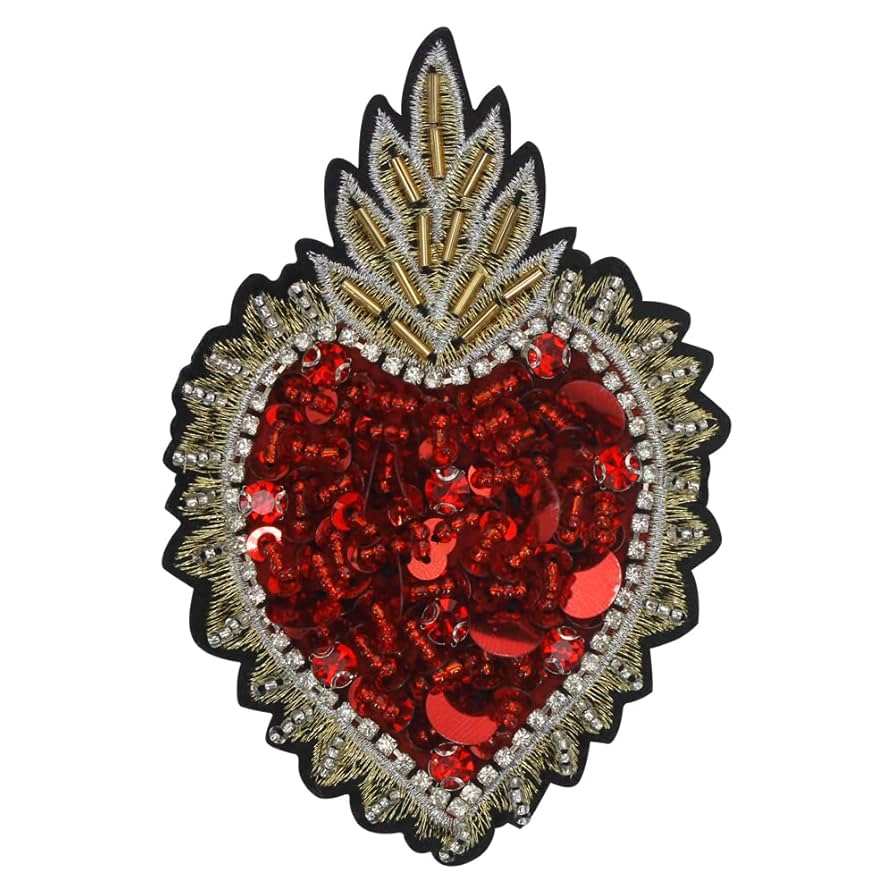 EMDOMO Beaded Milagro Heart Patches Flaming Sacred Heart Applique Mexican Folk Art Applique Decor Clothes Badges Sew On Patches Handmade DIY 2pieces (N