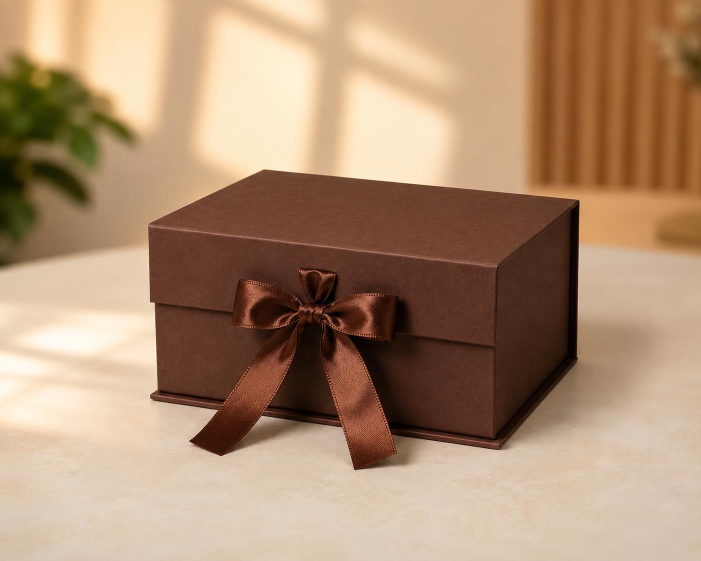 1 Piece Collapsible Magnetic Gift Box with Ribbon, Luxury Box for Packaging, Hamper Box, Foldable Gift Box for Birthday, Wedding, Return Gifts, Storage Box (25 x 20 x 10 cm) (BROWN)