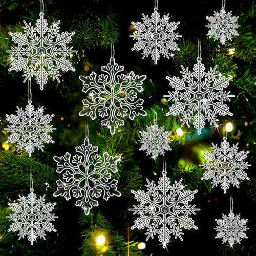 Image of Christmas Tree Decorations Snowflake Ornaments 60Pcs Clear Plastic Hanging Snowflakes from Ceiling Snow Flakes Decorating Hanging for Winter Wonderland Decorations Indoor Outdoor Decor