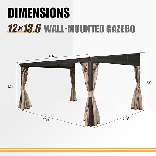 Miniatura 8 de Domi - Cenador de 12 x 14 pies con techo rígido de acero galvanizado inclinado, pérgola de pared con marco de aluminio, cortinas y red, para patio,