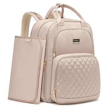 Qualyphant Extra Large Diaper Bag Backpack for 2 Kids Twins - Expandable Diaper Bag 30-38L - Travel Baby Backpack with Changing Pad for Mom Dad Quilted, Water Resistant, Light Khaki