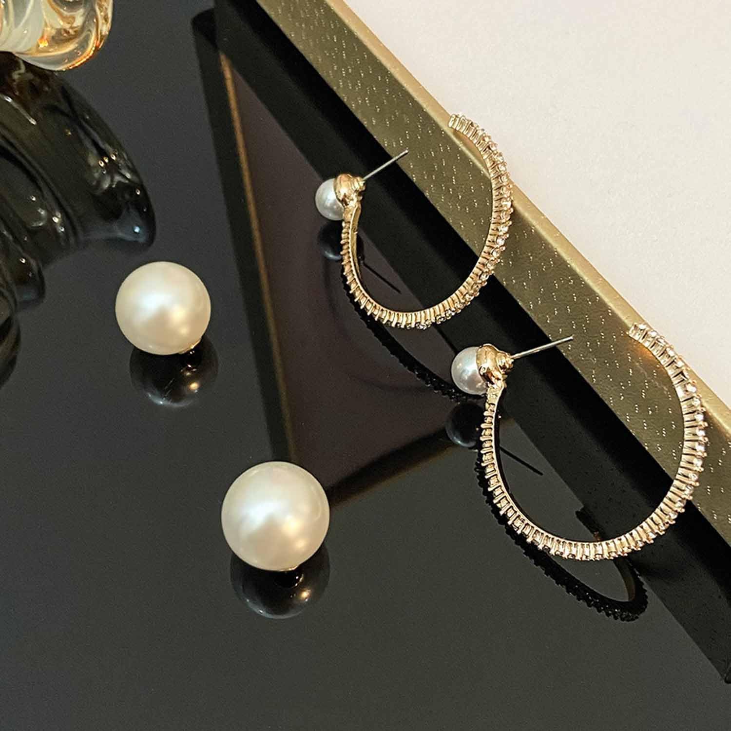 Rhinestone Gold Hoop Earrings Large CZ Diamond Hoop Earrings Faux Pearl Front Back Earrings Elegant Pearl Hoop Earrings Vintage Pearl Ear Jacket Earrings Bridal Jewelry for Women - Image 4