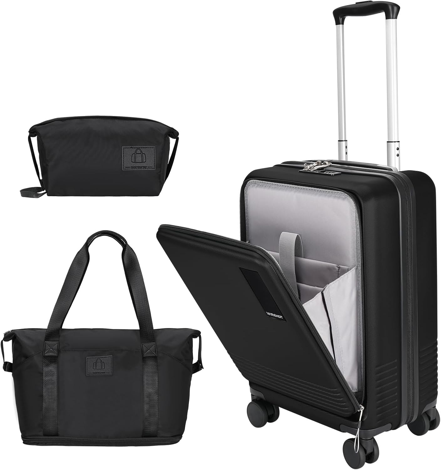 20 inch Small Carry On Luggage Front Open with Laptop Pocket, ABS+PC Hard Shell Suitcase with Spinner Wheels TSA Lock & YKK Zipper, 20in/Toiletry Bag/Handbag, Black