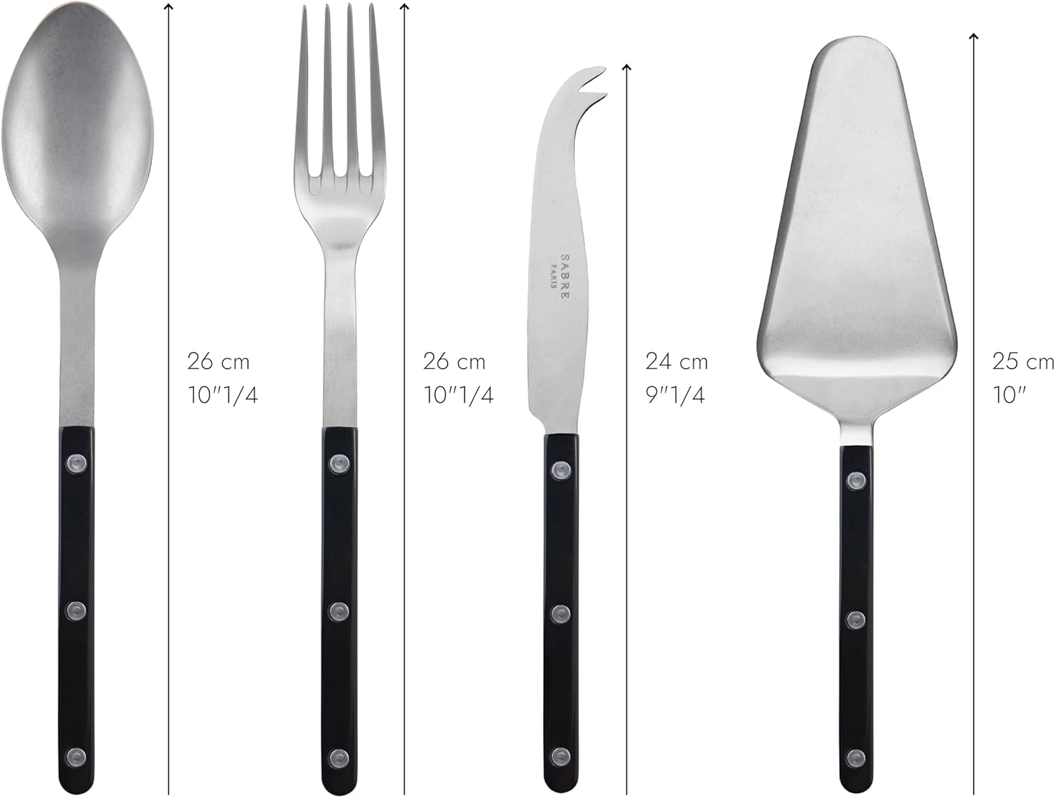 SABRE PARIS - 4-Piece Serving Set - Bistrot Vintage Collection - 2 Serving Flatware, Serrated Pie Server, Large Cheese Knife - Stainless Steel & Nylon - Dishwasher Safe - Black - Mat Finish