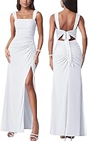 firfig Women's Sexy Mesh Ruched Maxi Dress - Low Back Tie Sleeveless Split Cocktail Party Wedding Guest Long Dress