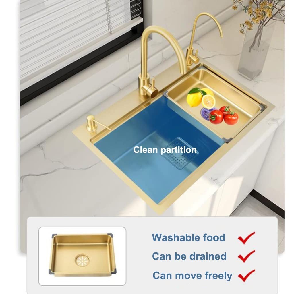 Arredamento per La Casa Lavelli da Cucina in Acciaio Inox Lavelli da Bar A Fessura Singola da Incasso O Sottotop con Gruppo di Scarico Piscina per Lavaggio,Gold-80x46x22cm