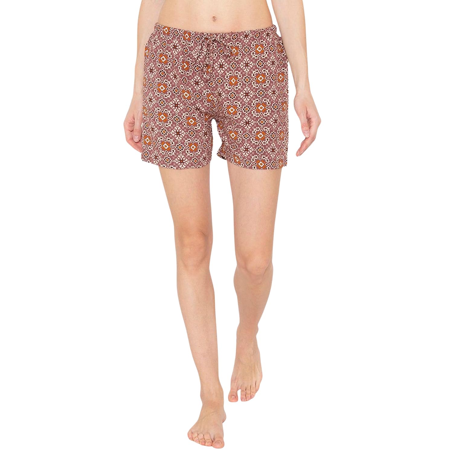 bonjour Women Printed Cotton Lounge Shorts|Soft Breathable Fabric|Elastic Waistband with Adjustable Drawstring Brown-picture-18