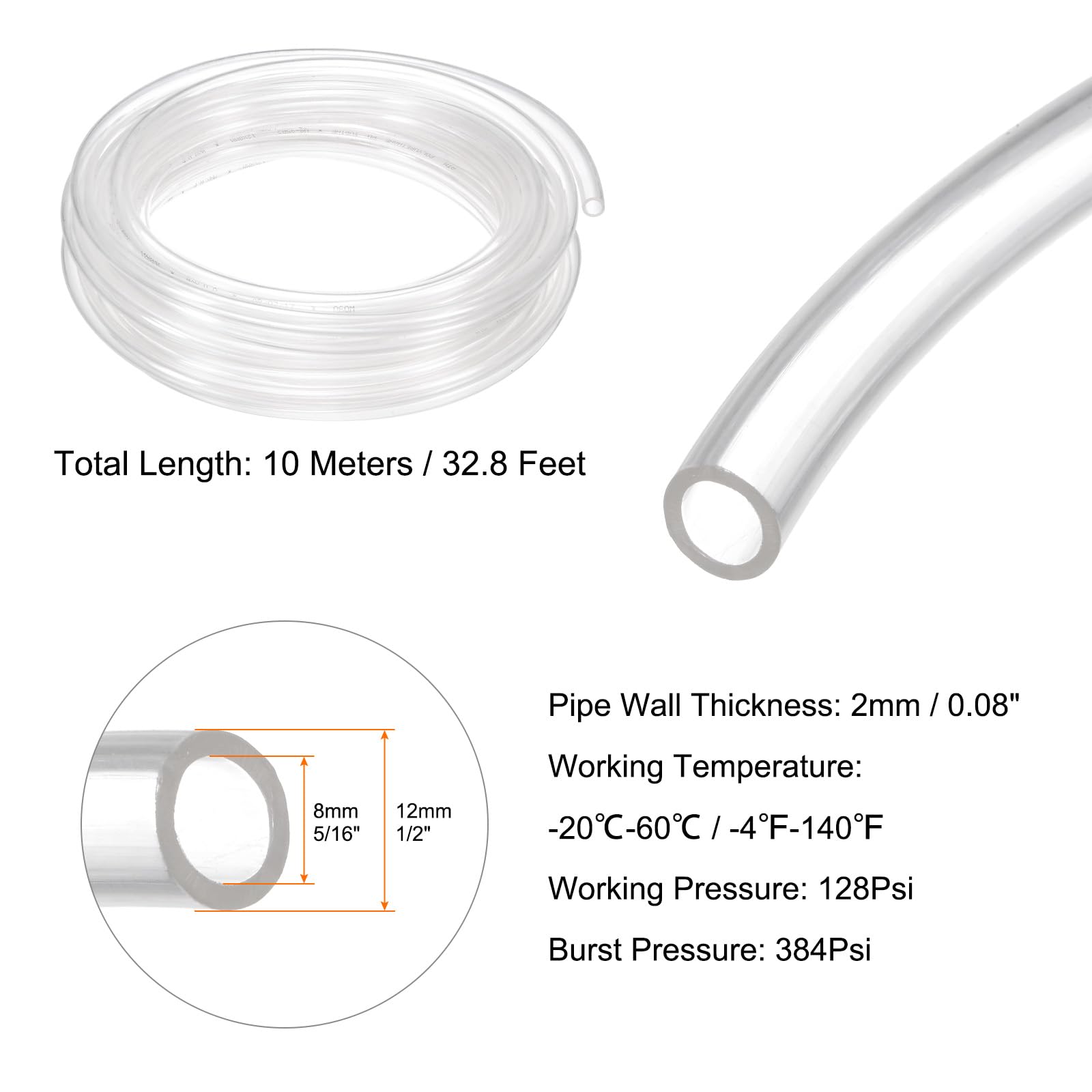 sourcing map Tubo pneumatico in poliuretano, 12 mm di diametro esterno x 8 mm di diametro interno, 10 metri, per compressore d'aria, tubo flessibile in poliuretano per compressore d'aria e
