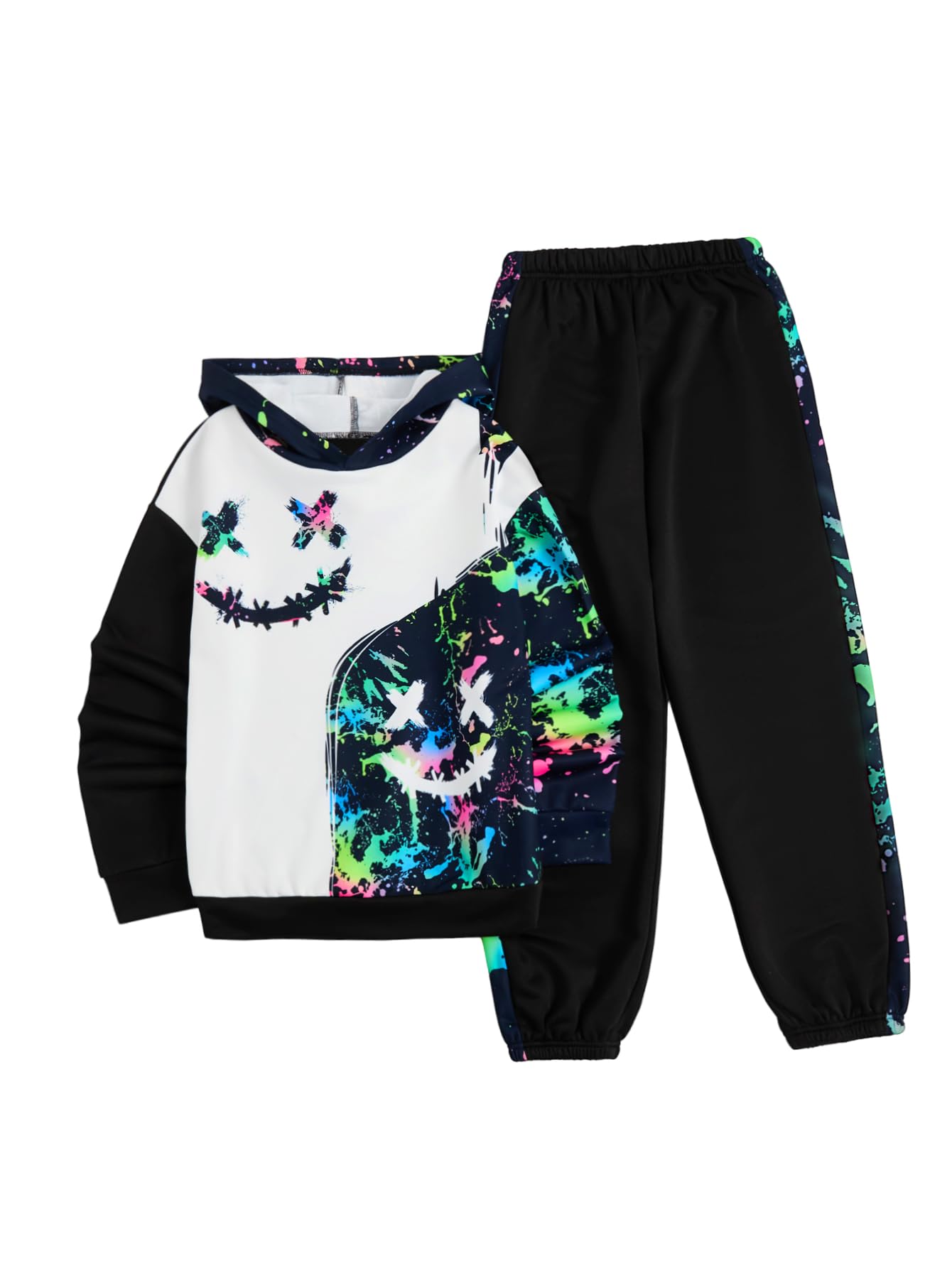 WDIRARA Boy's 2 Piece Outfits Colorful Graphic Print Long Sleeve Hoodie and Sweatpants Set Tracksuit