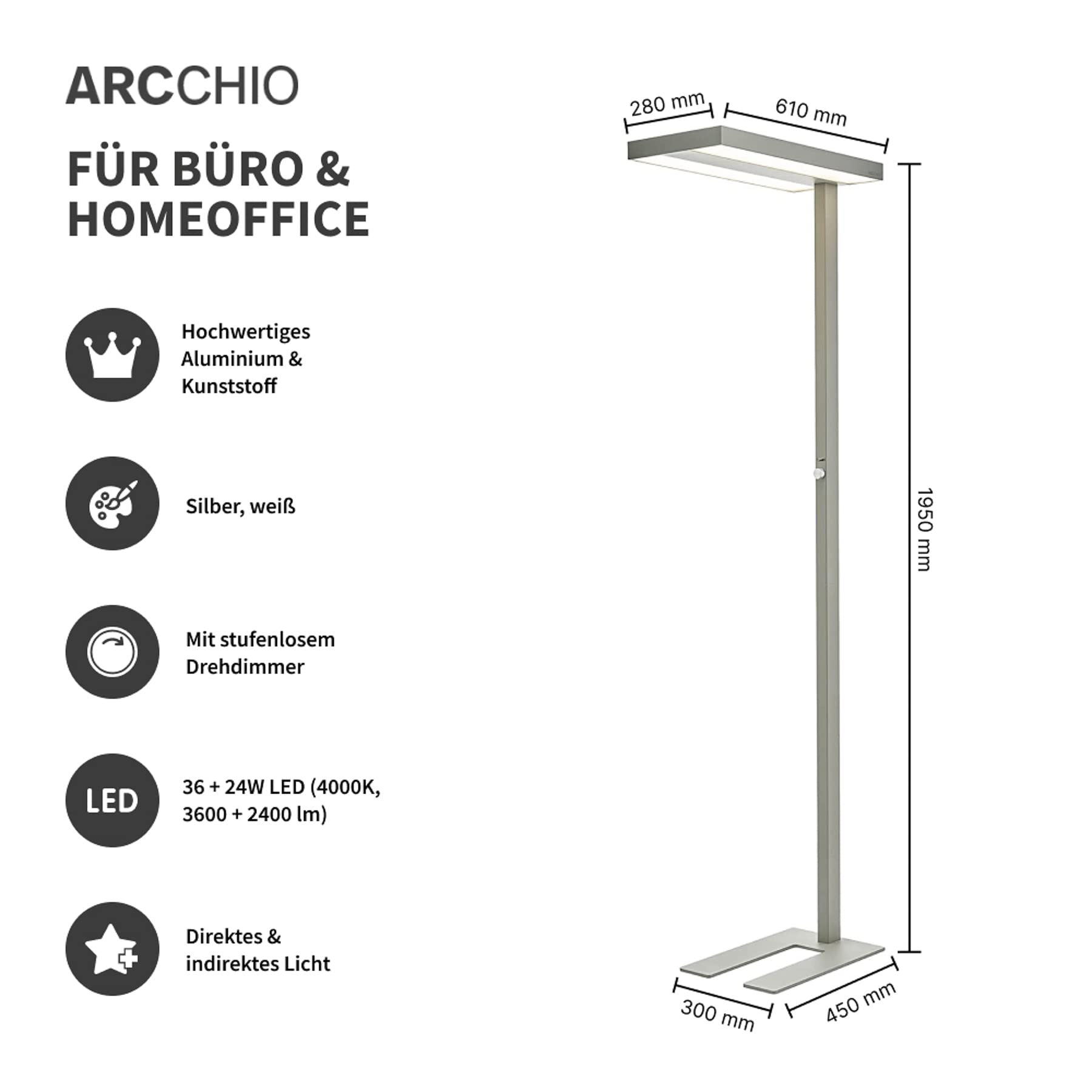 Arcchio LED Büro Stehlampe dimmbar silber, Bürolampe Uplight und Downlight Deckenfluter 6000lm 4000K Standleuchte Office Büro-Stehleuchte
