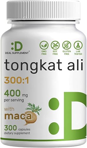DEAL SUPPLEMENT Extracto de Tongkat Ali 3001 400 mg y raíz de maca de 400 mg  300 cápsulas, Longjack ultra fuerte (Eurycoma Longifolia) + Maca de