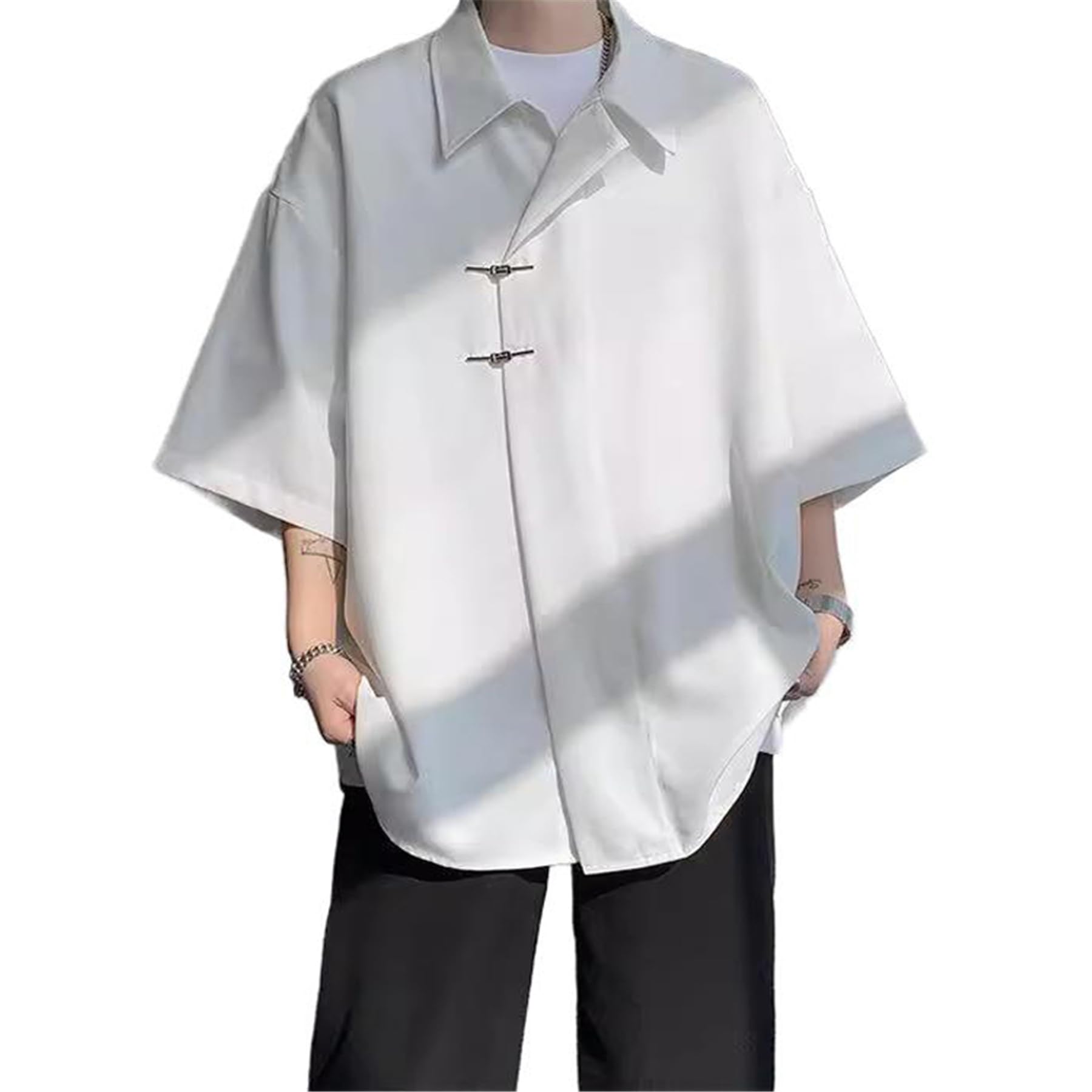 Camisa de Manga Corta para Hombre, Talla Grande, Manga Tres Cuartos, Estilo Verano Holgado.-