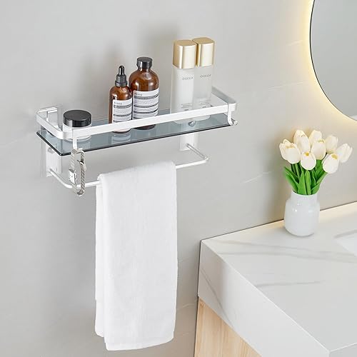 Miniatura 14 de VOLPONE Estante de vidrio para baño de 15.7 pulgadas, estantes de baño negros, estantes de vidrio templado montados en la pared con 4 ganchos