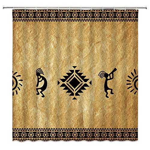Kokopelli Shower Curtain Southwestern Vintage Brown Black Native American Navajo Ethnic Tribal Vintage Abstratc Geometric Retro Fabric Bathroom Decor Curtain Sets With Hooks #TOP1