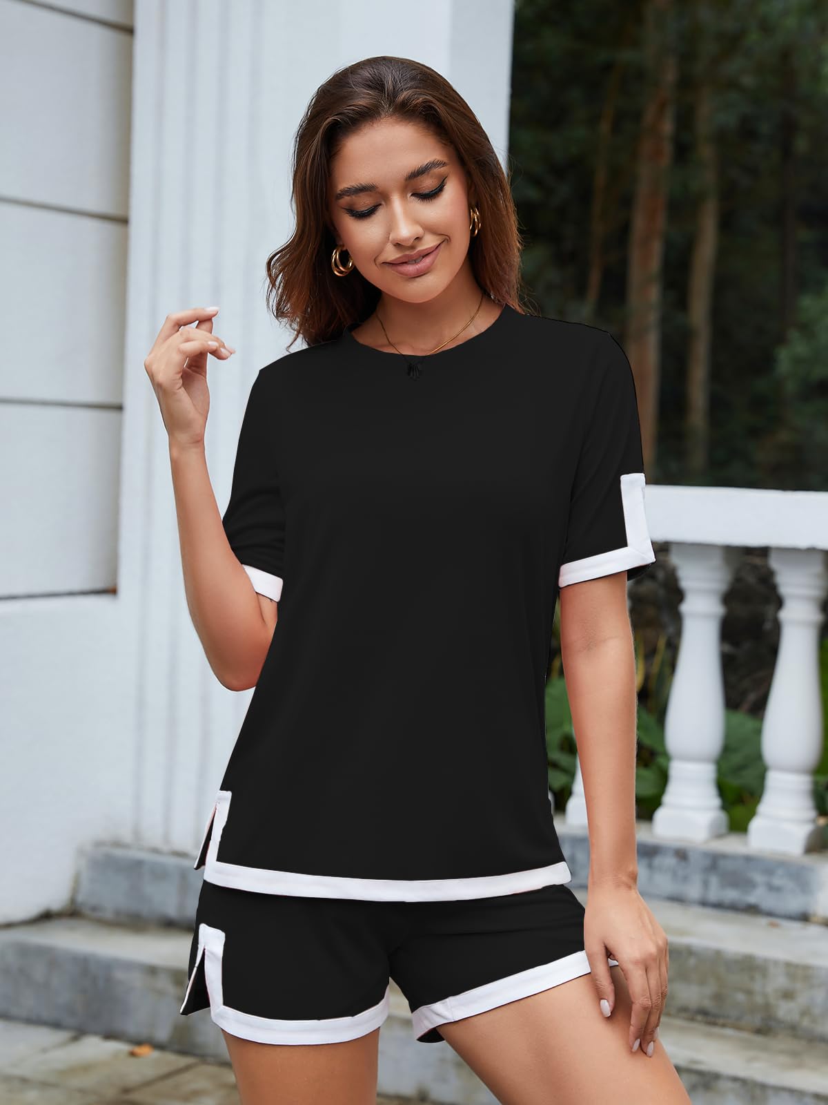 JFAN Chandal Mujer Chándal Completo 2 Piezas Conjunto Chándale de Verano de Manga Corta Casual Conjuntos Deportivo de Pantalones Cortos con Bolsillos y Cuello Redondo Top