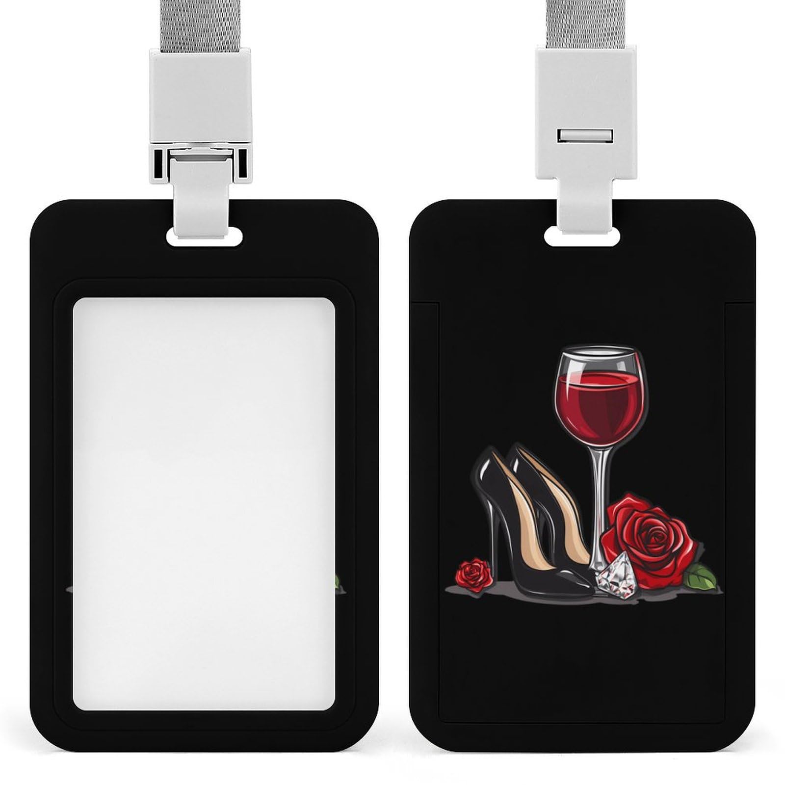 High Heel Shoes Red Wine Glass and Diamonds ID Badge Holder with Lanyard Vertical ID Card Holder for Travel Office Work