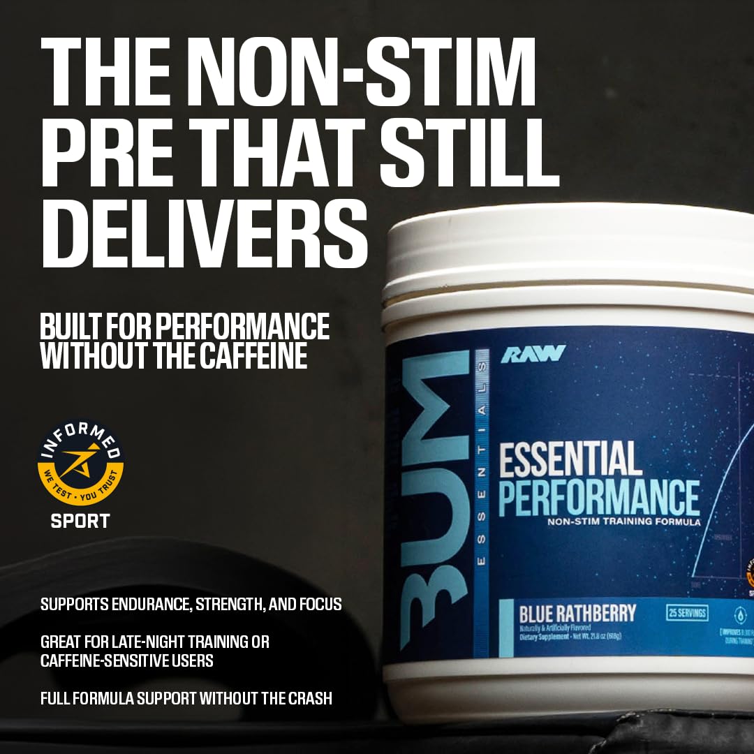 RAW Essential Performance Non-Stim Pre-Workout Powder - Preworkout for Endurance Strength & Focus Without Caffeine or Stimulants - Creatine Monohydrate, L-Citrulline & Beta Alanine - Blue Rathberry — Amazon image 4