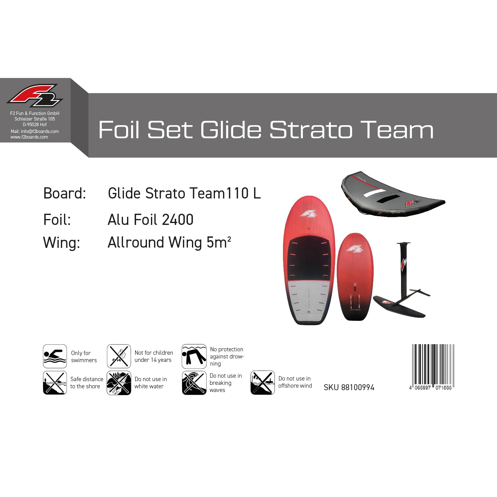 F2 Set Foilboard Glide Strato Team Rot 110L + Alu Foil 2400 + Wing 5qm