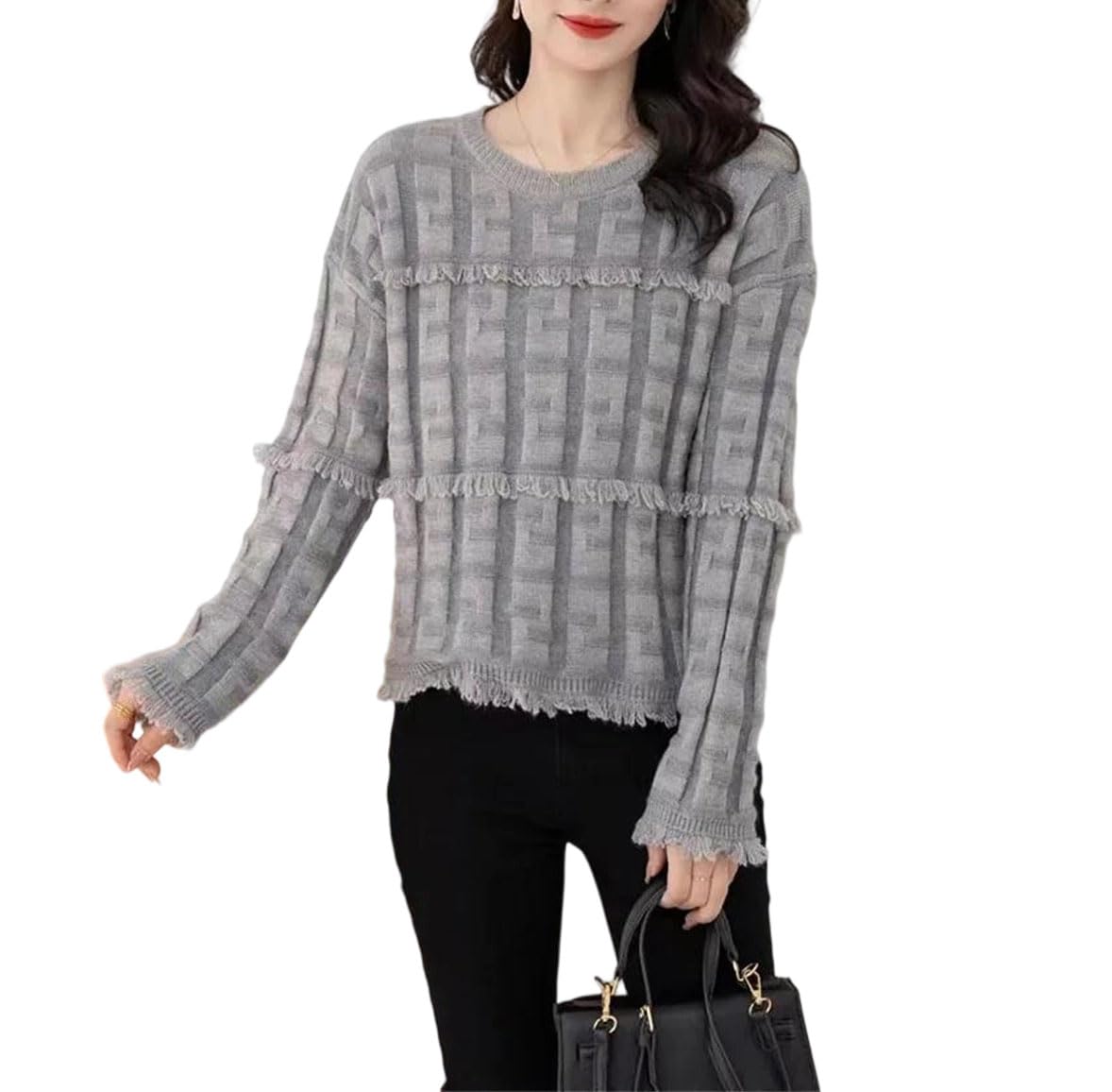 Sweter Damski Z Dzianiny, Okrągły Dekolt, Luźny, Z Frędzlami, Długi Rękaw, Swobodny, Ciepły, Modny Top-Gray-Medium