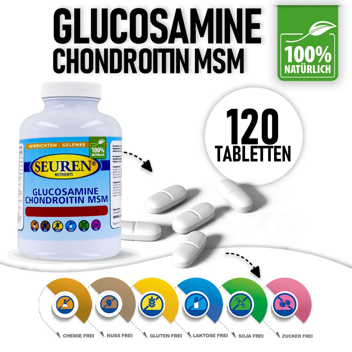 Seuren Nutrients | Glucosamin & Chondroitin plus MSM 120 Tabletten | Hochdosierte Kapseln | für gesunde Gelenke | Glutenfrei | Laktosefrei | Zuckerfrei |100% natürlich