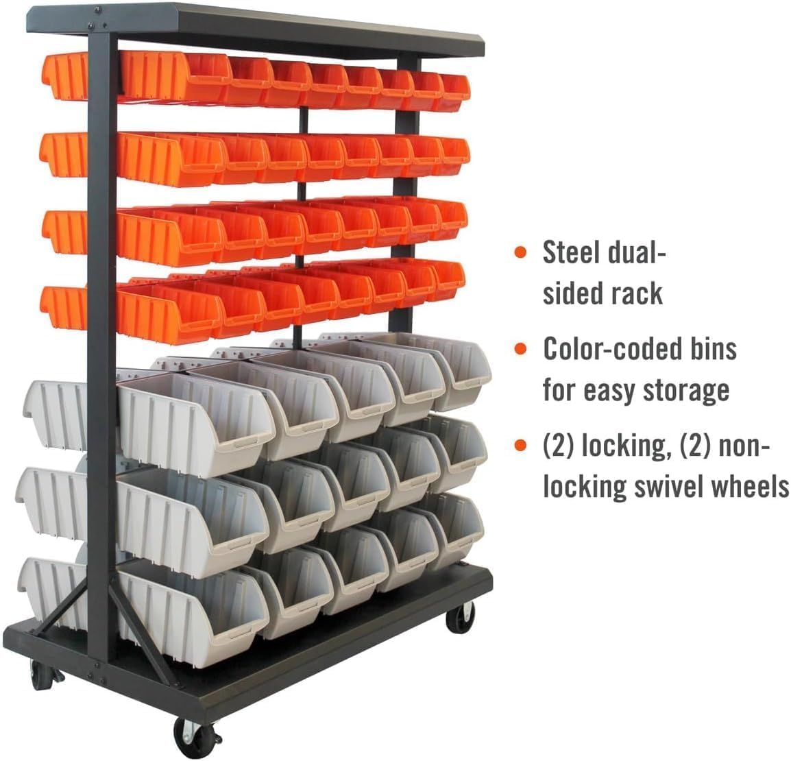 TRINITY Rolling Storage Bin Rack with orange and gray bins, highlighting features like steel dual-sided rack, color-coded bins, and locking/non-locking swivel wheels.