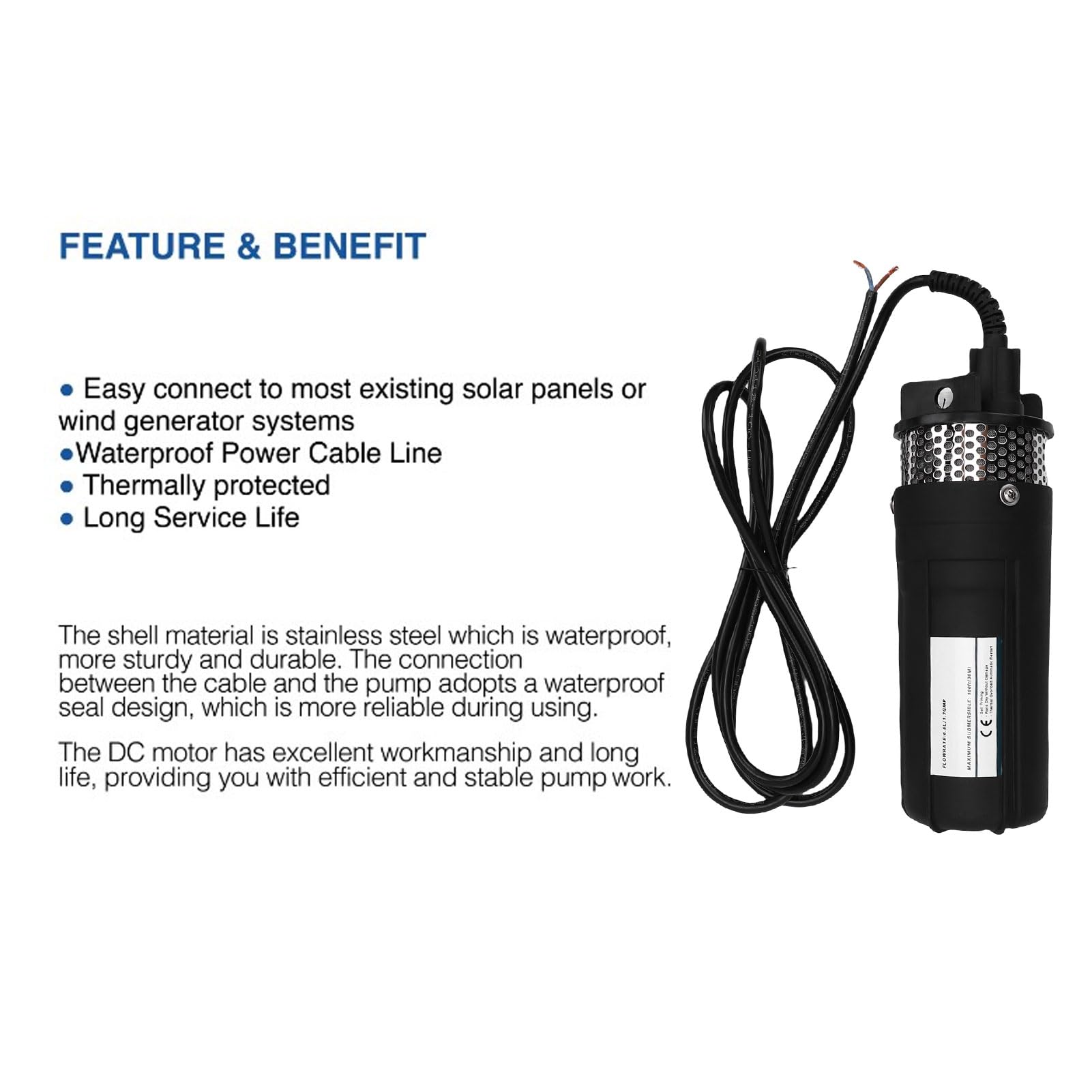 Bomba Solar para Pozo Profundo 12V 96W PA6 Carcasa 1/2" Salida 70m (CC 24 V)