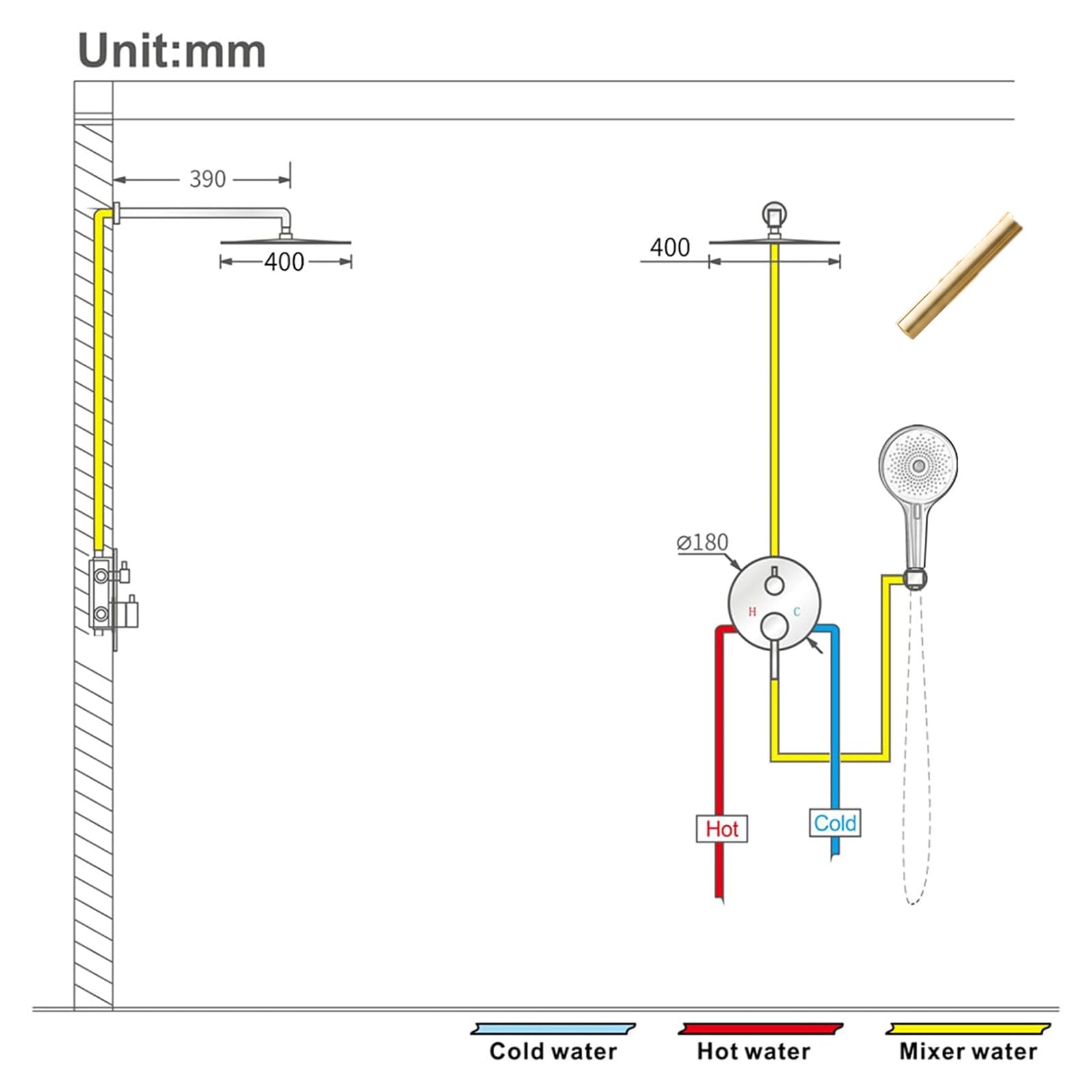 Columna Ducha Empotrada Duchas de Baño Dorada con Alcachofa Superior Grande de 40 cm, Sistema Ducha Empotrado con Rociador de Ducha 3 Modos, Oro Duchas de Baño Columna de Latón