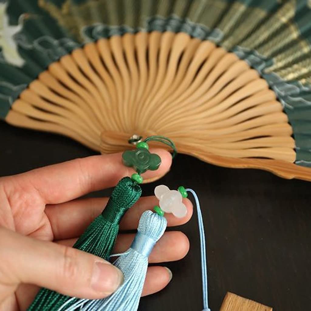 Abanico Plegable De Mano Fiesta Accesorios Abanicos Plegables De Mano Tela con Patrón Estilo Chino Borla Jade Bodas(Grün)