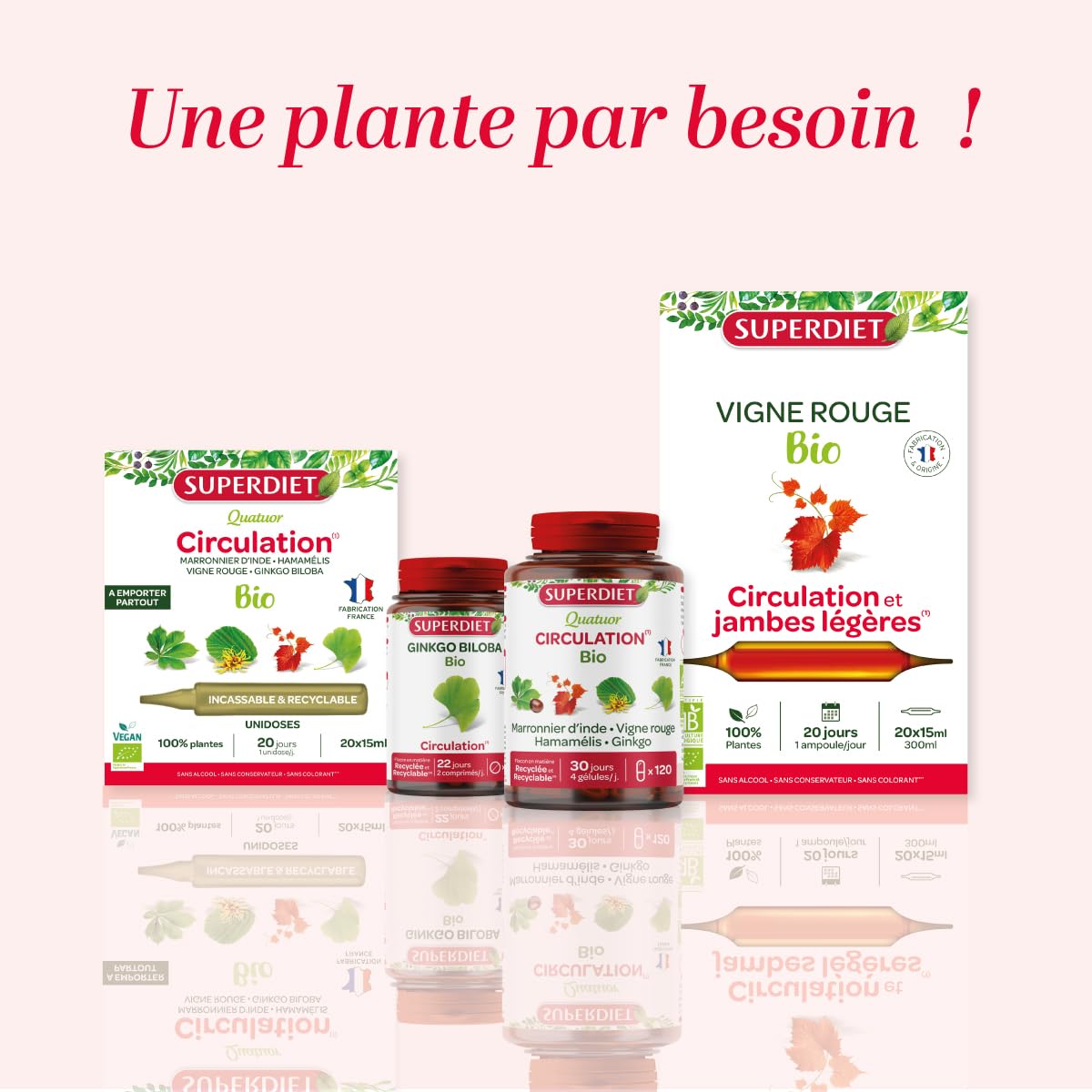 SUPERDIET-QUATUOR CIRCULATION BIO-Jambes légères-Marronnier d’inde,Hamamélis,Vigne rouge,Ginkgo biloba-Format nomade-20 Unidoses de 15 ml