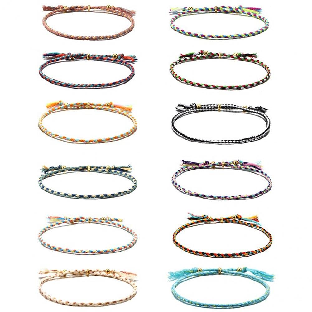 Uzztfa Colorful 12 Pcs Boho Surfer Bracelet Adjustable Anklets Handmade Braided Bracelet Anklet Summer String Rope Ankle Bracelets Beach Bracelet Boho Jewelry