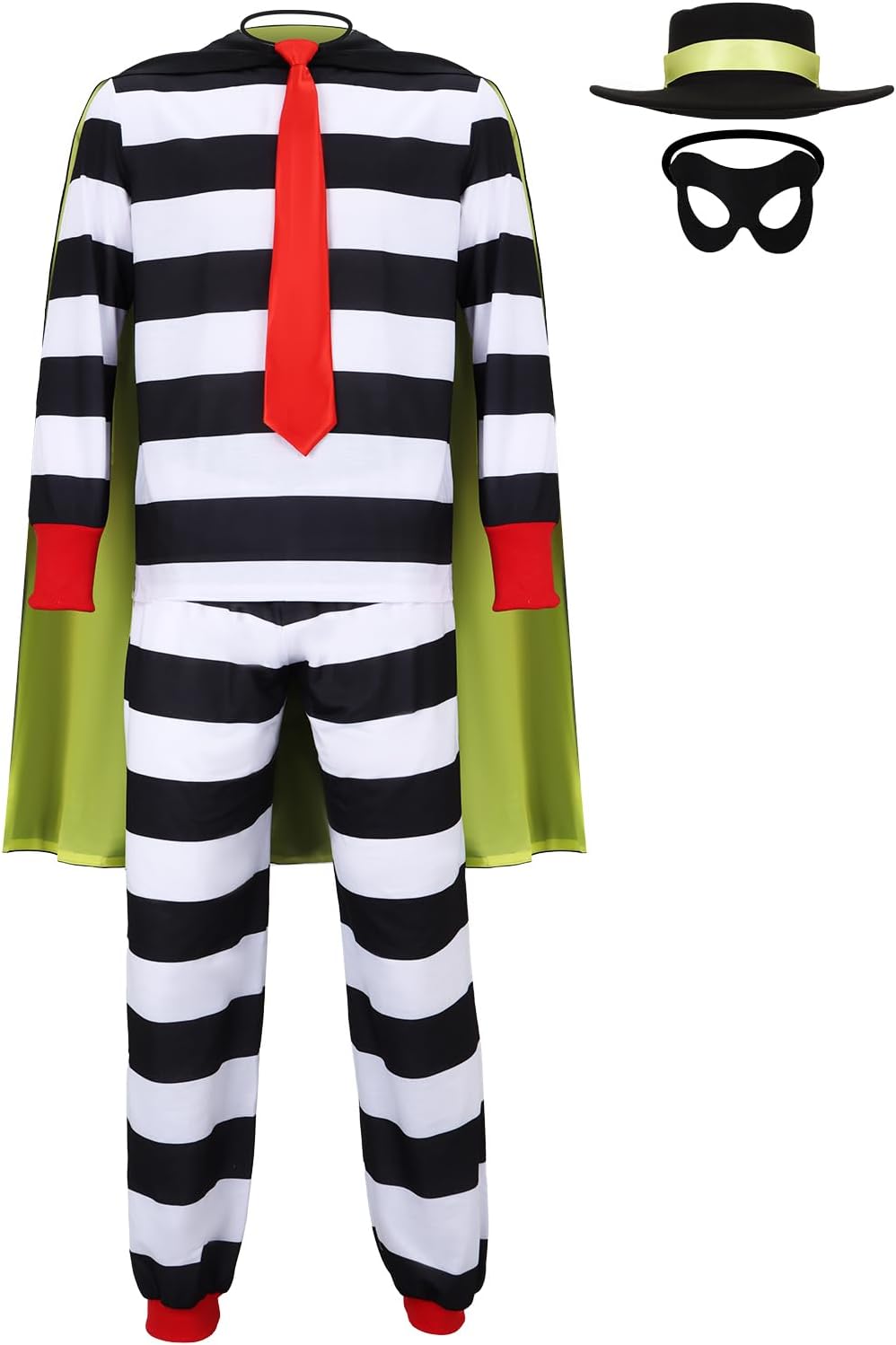 FOCUSOUL Men Thief Costume Striped Shirt Pants Cloak Hat Tie Eye Mask Full Set Halloween Cosplay Outfit - Image 2