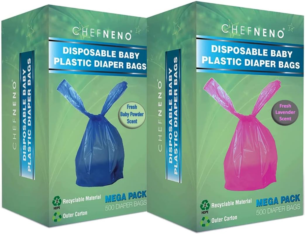 Baby Disposable Plastic Diaper Bags 1000 Count (500 Lavender Scent, 500 Fresh Baby Powder Scent) Easy Tie Handles Diaper Sacks or Pet Waste Bags (1000 Bags)