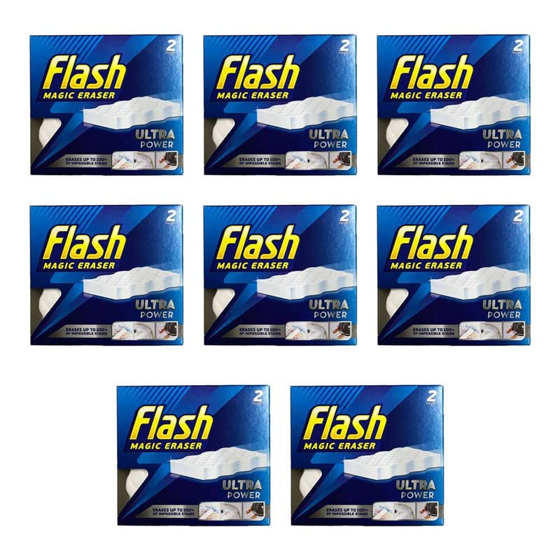 8 x Flash Ultra Power Magic Eraser with Gloves Stubborn Stains & Mark Remover Chemical Free Sponge Multi-Functional and Long Lasting Sponge For Cleaning With Comfort And Ease (2pcs Pack)