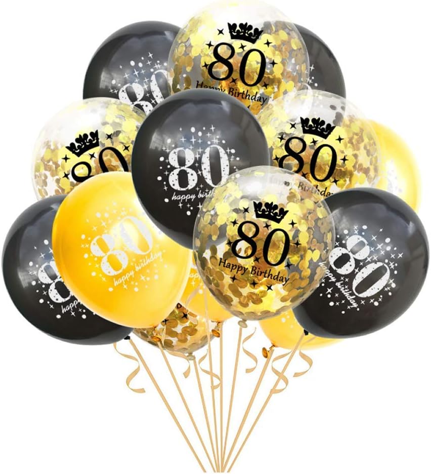 Dusenly 15pcs 80th Birthday Balloon 12inch Black Gold Happy Birthday Latex Confetti Balloons Set 80th Birthday Party Decoration