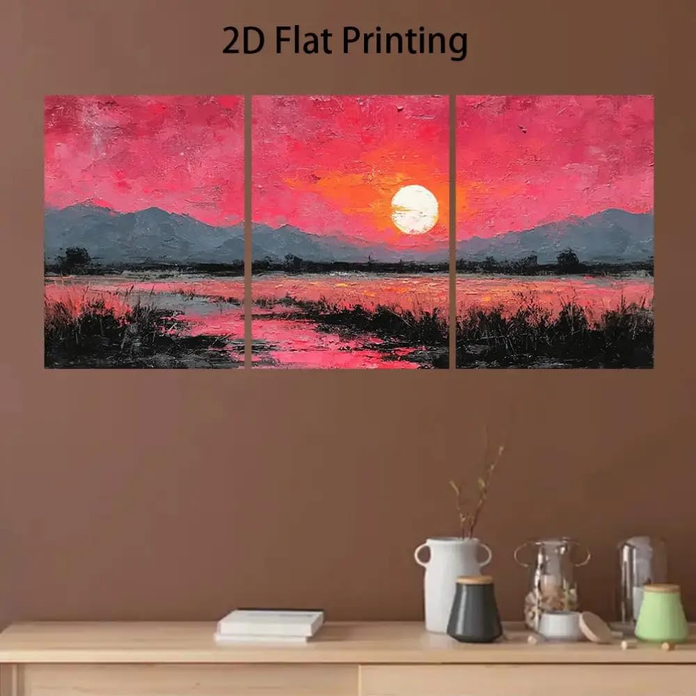 IXEHOH 3 Teiliges Leinwandbild Pinker Sonnenuntergang, Große Moderne Abstrakte Wandbilder für Wohnzimmer, Emotionale Natur Landschaft Kunstdrucke, Ästhetische Wanddekoration für Schlafzimmer 30x40cmx3