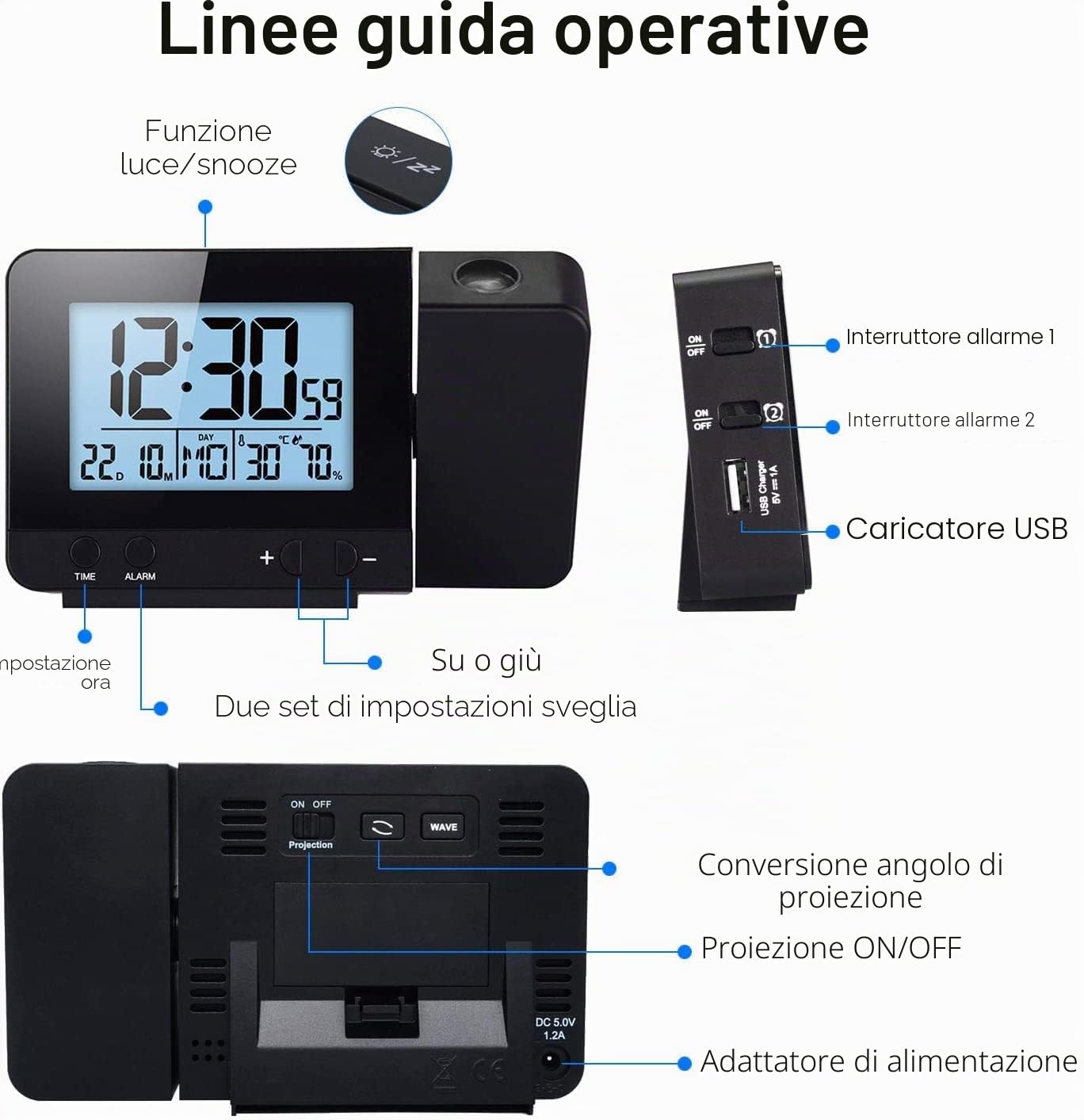 Houkiper Sveglia con Proiettore, Sveglia Digitale Da Comodino a Pile Sveglia Luminosa, Orologio Digitale Da Comodino Oorologio Con Proiezione Ora Temperatura Soffitto (nero)