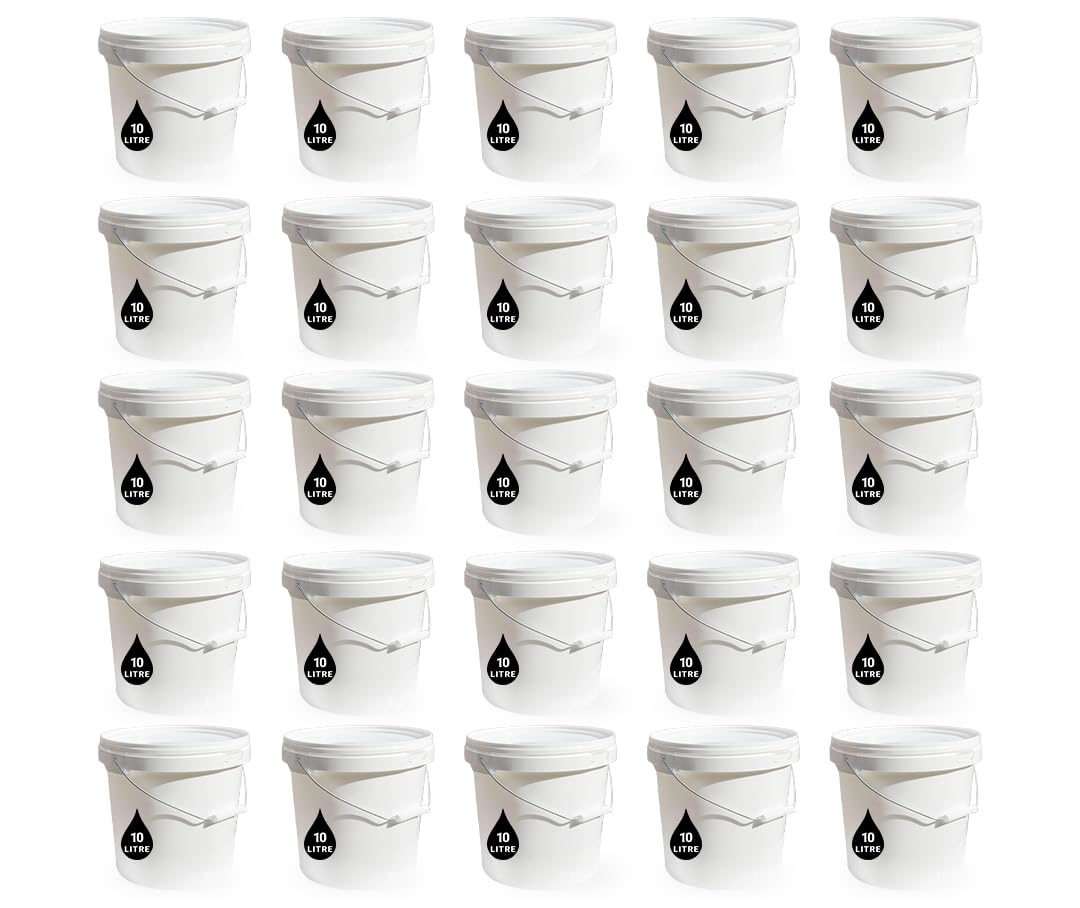 25 x 10L Plastic Bucket Pail + Handle & Lid - Heavy Duty ¦ Food Grade BPA Free ¦ Multi-use Fermentation Feed Dry Food Liquid Chemicals Hydroponics Storage Container WHITE — image 1