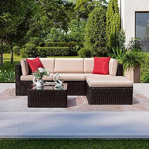 Rankok 5 Pieces Patio Furniture Sectional Outdoor PE Rattan Wicker Lawn Conversation Cushioned Garden Sofa Set (Beige) … Cover