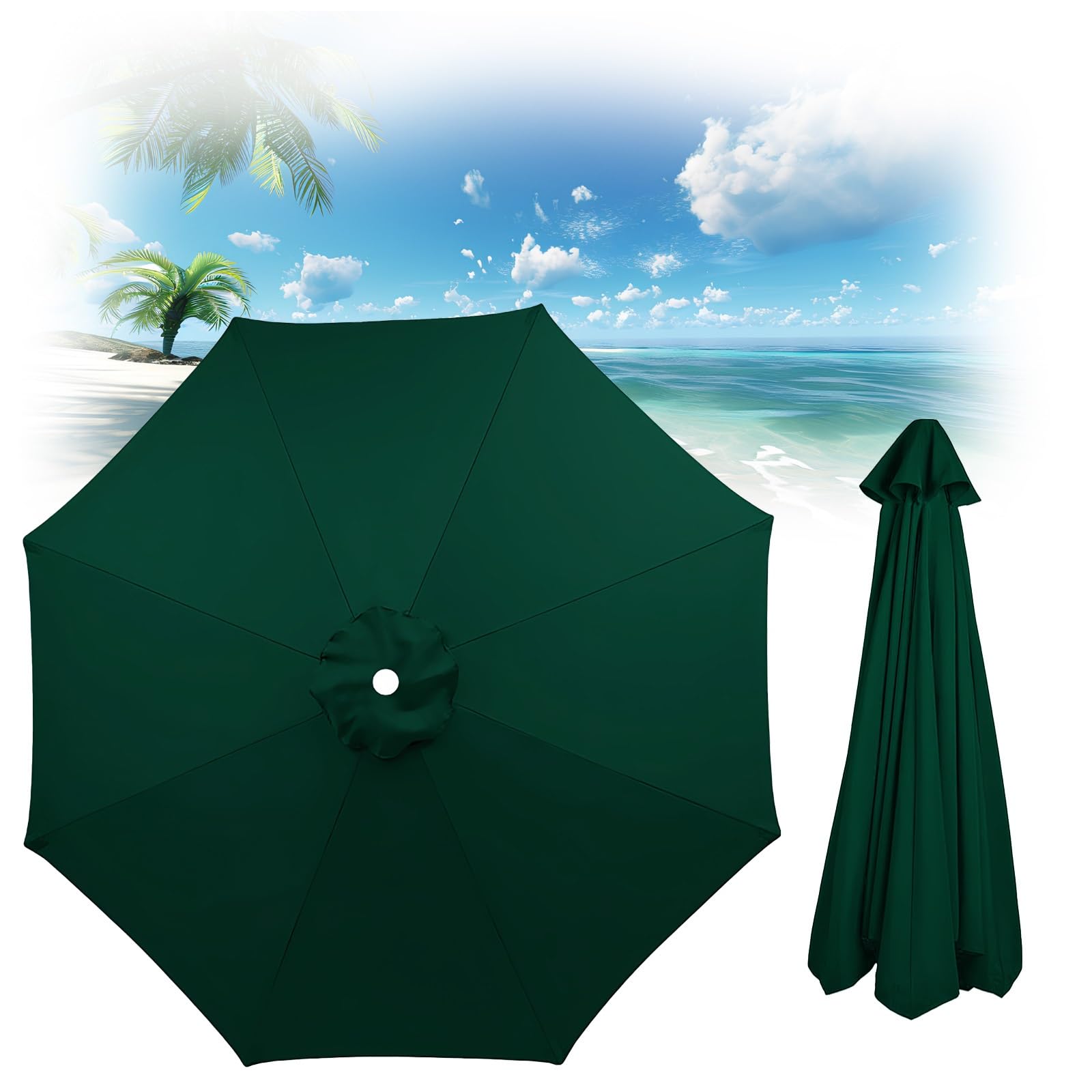 Patio Umbrella Replacement Canopy, Garden Backyard Pool Umbrellas Parasols Cover, Outdoor Table Market Yard Umbrella Top For Outdoor Umbrella Canopy With 8 Ribs(Dark Green,300CM-9.8FT)