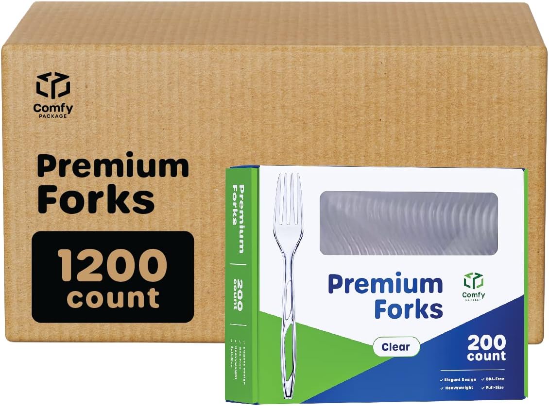 Comfy Package [Case of 1,200] Premium Heavyweight Disposable Forks - Clear Plastic Forks, Plastic Cutlery, Perfect for Parties, Events, and Catering