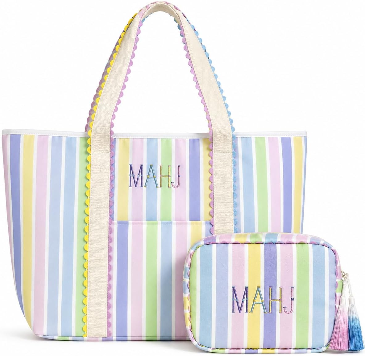 American Mahjong Tote Bag with MAHJ Embroidery, 2-Piece Candy Stripe Carrying Case with Large Tile Bag & Zipper Pouch, Mah Jongg Accessories Organizer for Tiles, Racks & Pushers
