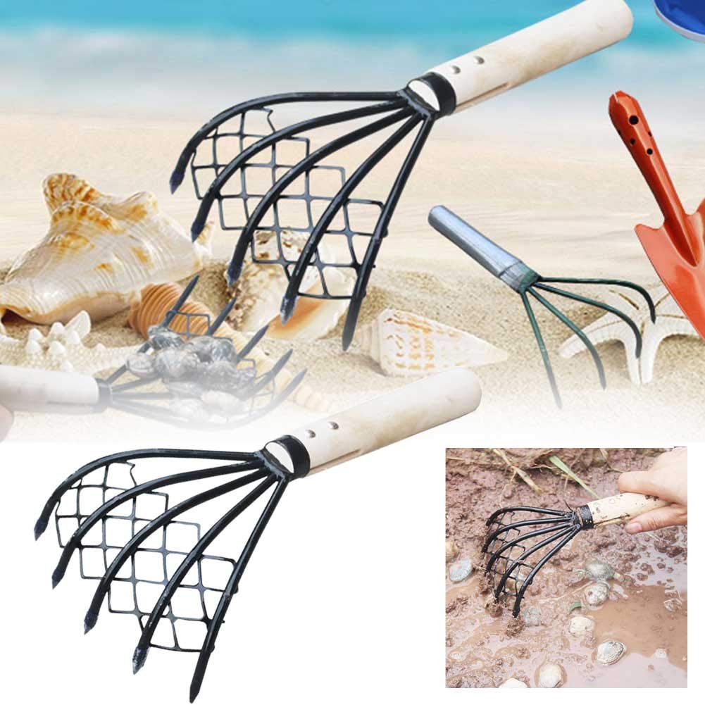 Râteau à Main 5 Dents Pour Pêche Aux Coquillages - Acier Inoxydable, Manche Ergonomique - Pour Plage, Jardinage - 9