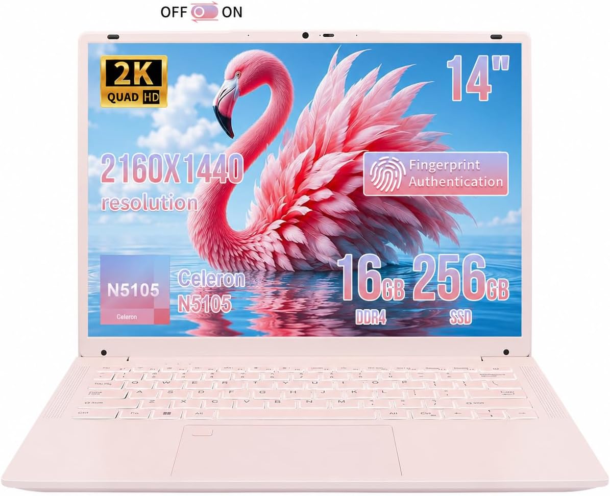 14.1 Inch Portable Laptop,Celeron N5105 Processor,16GB,(2160 x 1440) IPS,Fingerprint Unlock,Backlit keyboard, Push-pull camera,Win 11,Type-C,USB3.0*3,HDMI*1,WiFi /BT 5.0(Pink,16G+256GB SSD)