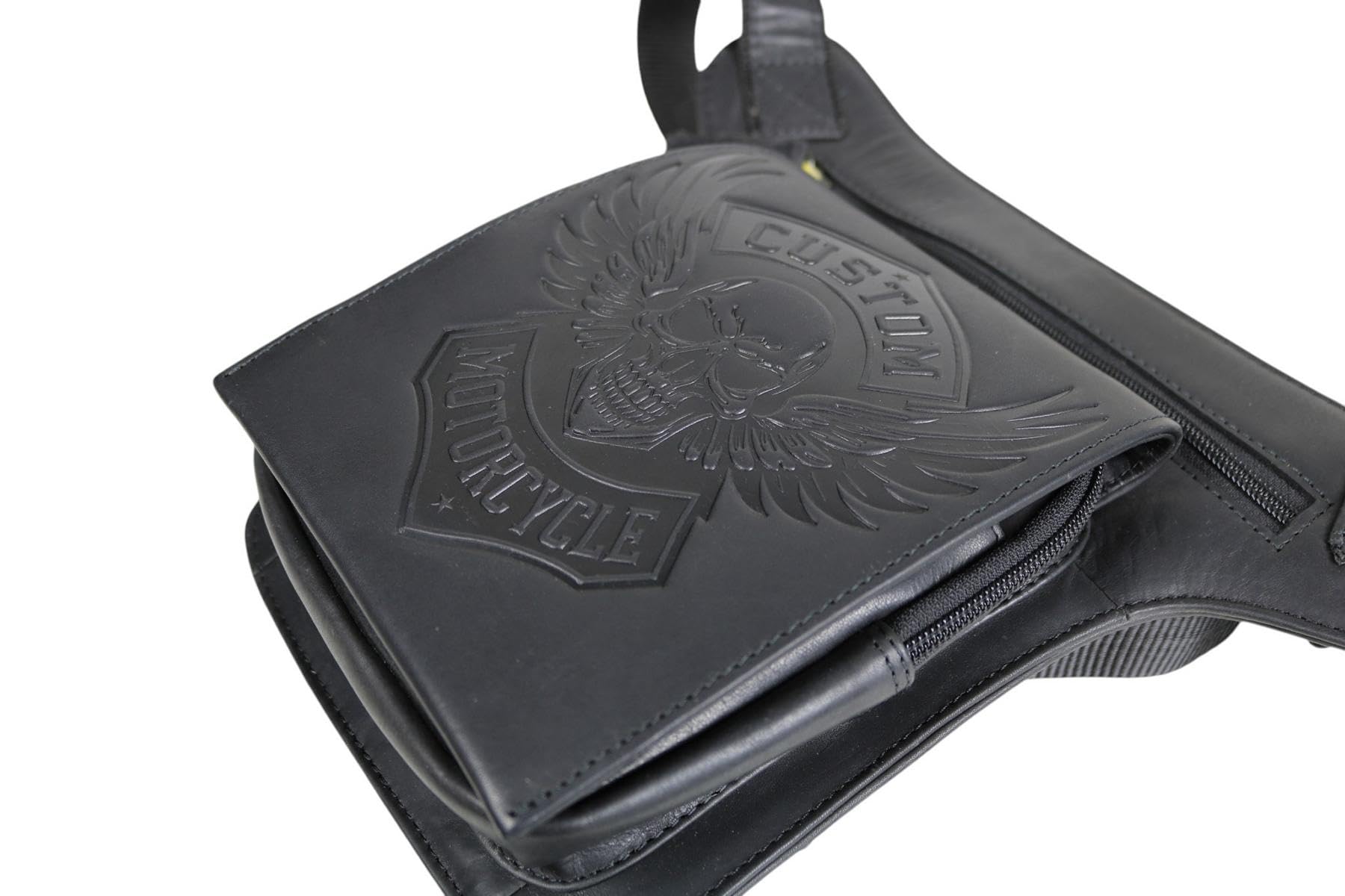 Borsa da gamba moto vera pelle uomo marsupio biker vintage teschio Custom Motorcycle MDM T81 Nero