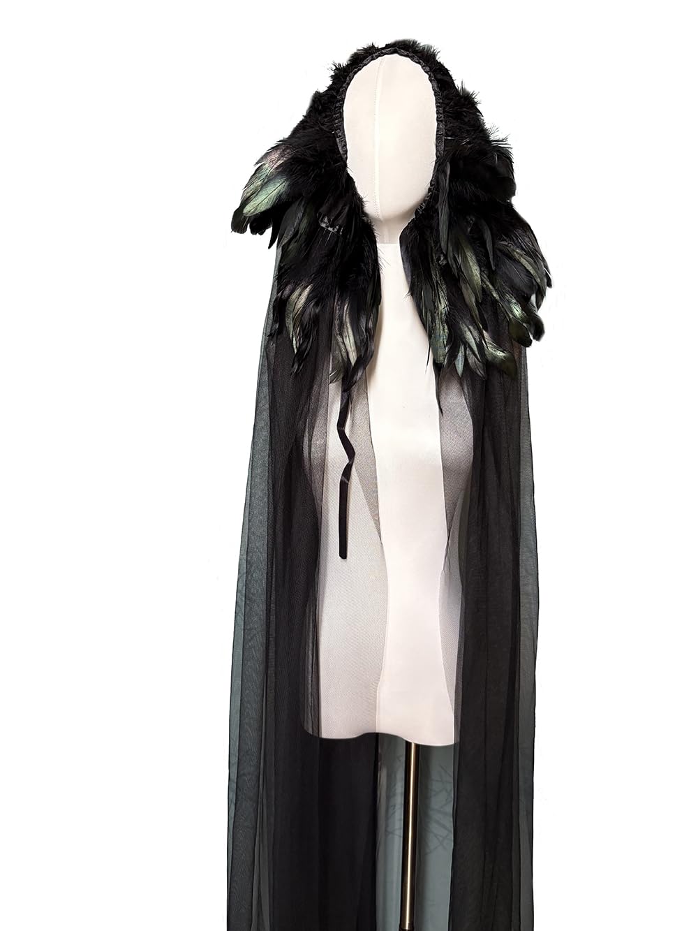Yoodeet Gothic Feathered Cape, Black Sheer Mesh with Feather Collar, Full Length Costume Cloak (Black) - Image 3