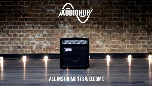 Close-up of the Laney AH80 control panel showing inputs, level knobs, EQ sliders, and master volume.