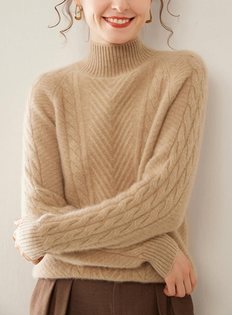 WEWE Maglione da donna 95% cashmere, collo alto, a maniche lunghe, in cashmere e lana, motivo a treccia, maglione spesso rilassato, WN633