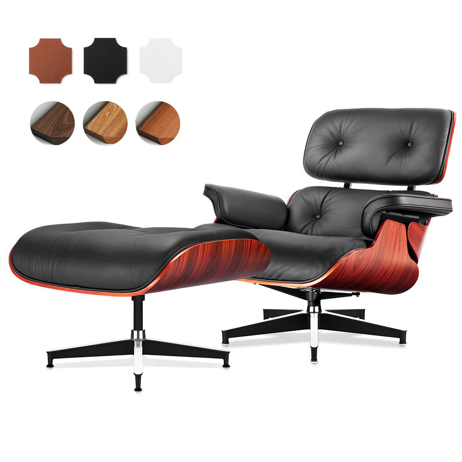 Top Black Grain Leather, Mid Century Chaise Lounge Chair and Ottoman, Modern Chair Classic Design, Heavy Duty Base Support for Living Room Study Lounge Office, Darkrosewood