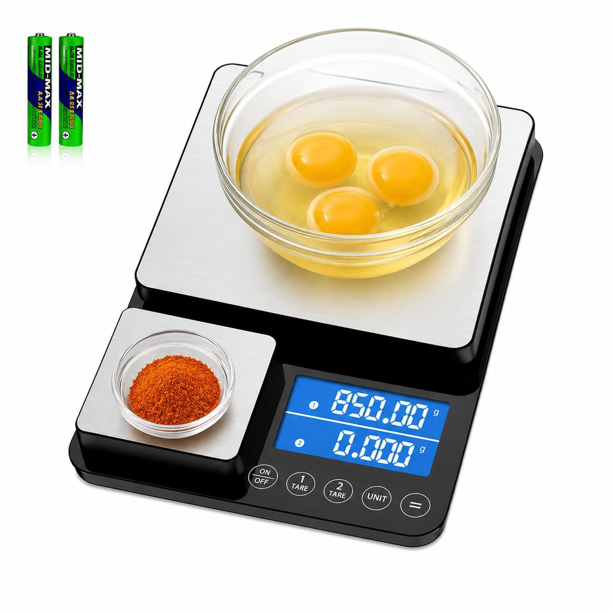 Diyife - Báscula de cocina de doble plataforma de 0.0 g/15.0 kg, báscula de precisión de acero inoxidable para alimentos, 7 unidades, tara, funciones de acumulación, para hornear, cocinar, preparación